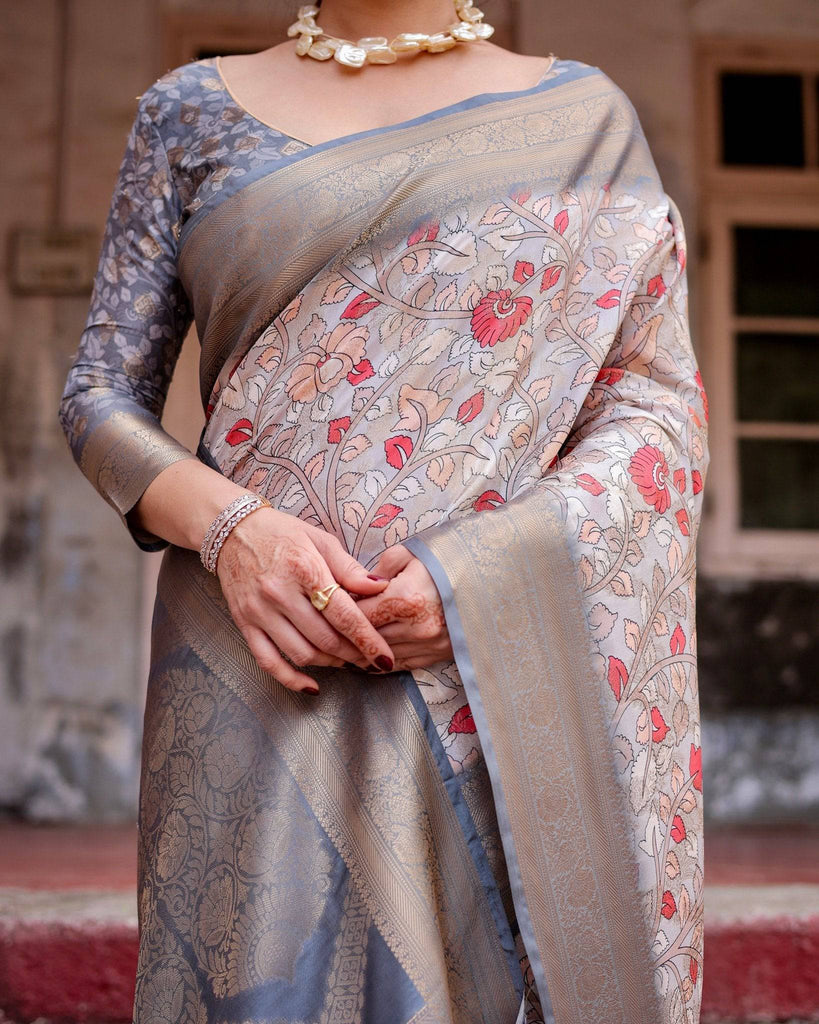 Elegant Grey Banarasi Silk Saree with Intricate Floral Design and Zari Weave BANARASI PRINTED