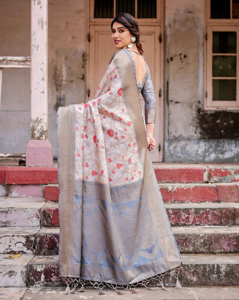 Elegant Grey Banarasi Silk Saree with Intricate Floral Design and Zari Weave BANARASI PRINTED