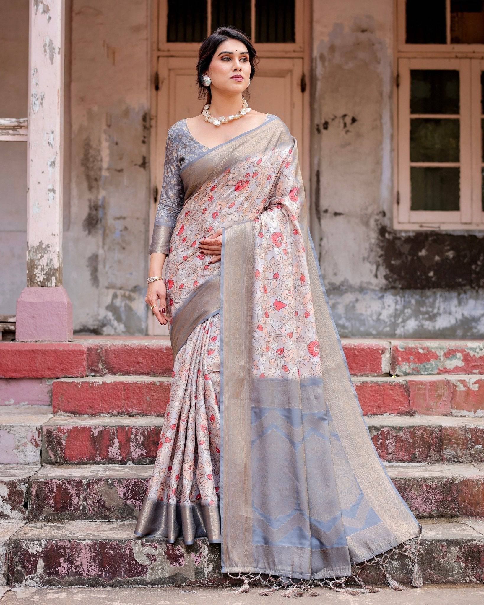 Elegant Grey Banarasi Silk Saree with Intricate Floral Design and Zari Weave Secondary image