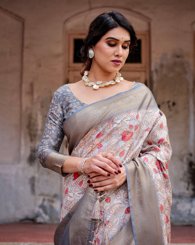 Elegant Grey Banarasi Silk Saree with Intricate Floral Design and Zari Weave BANARASI PRINTED