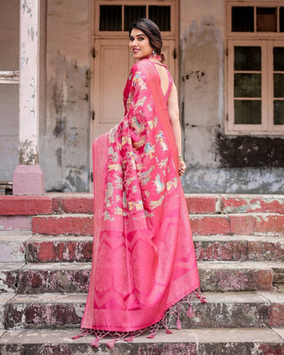 Regal Pink Banarasi Silk Saree with Zari Weave and Intricate Tassels BANARASI PRINTED