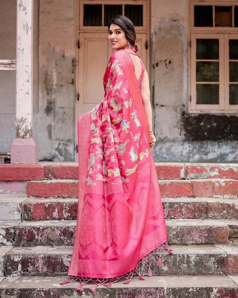 Regal Pink Banarasi Silk Saree with Zari Weave and Intricate Tassels BANARASI PRINTED