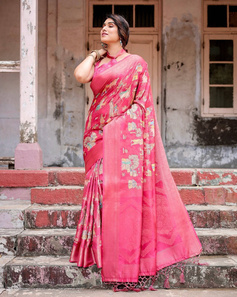Regal Pink Banarasi Silk Saree with Zari Weave and Intricate Tassels BANARASI PRINTED