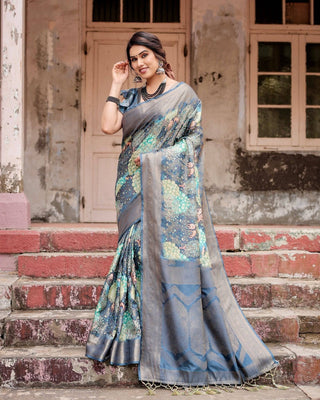 Graceful Navy Blue Banarasi Silk Saree with Nature-Inspired Digital Prints and Elegant Zari Woven Border BANARASI PRINTED
