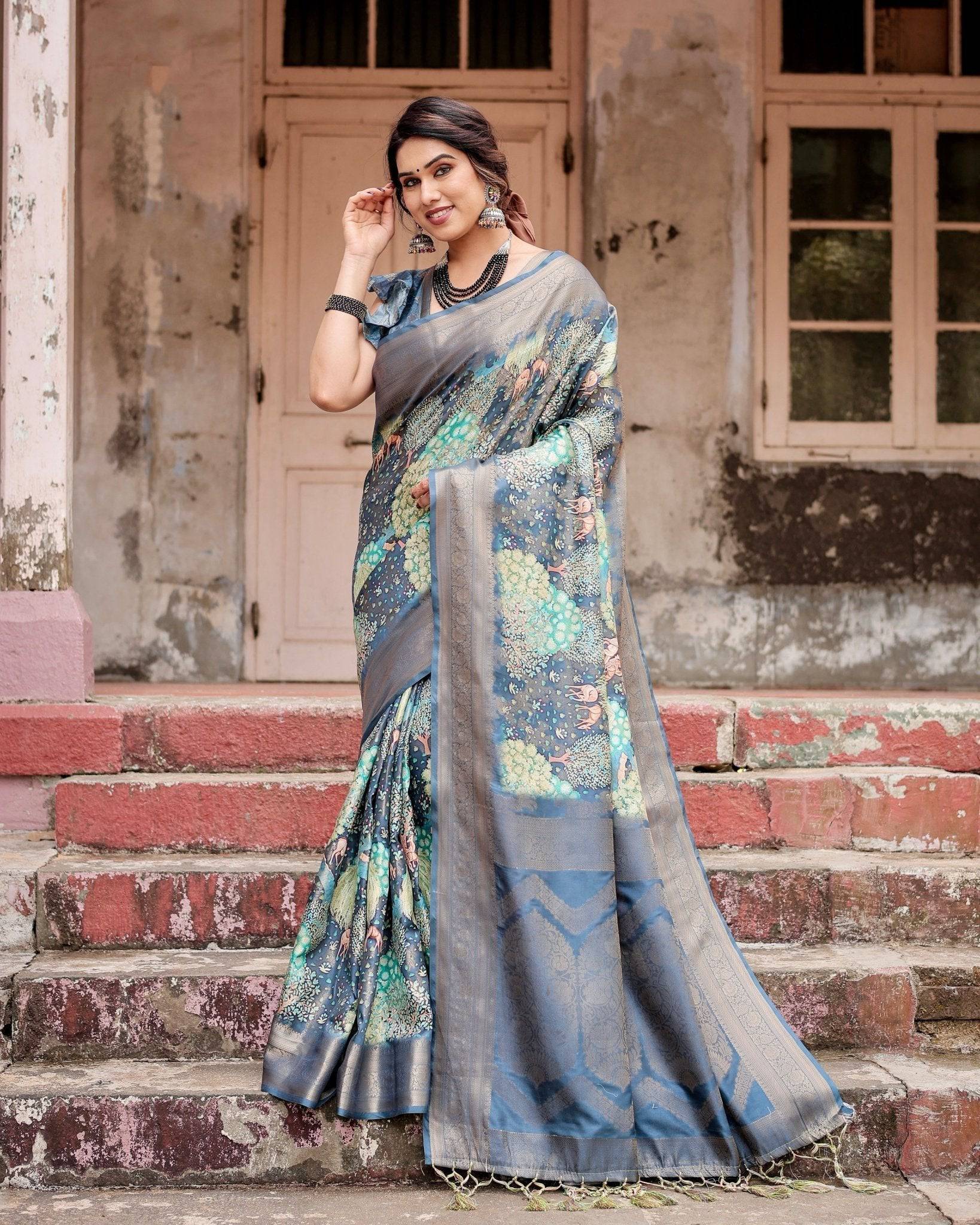 Graceful Navy Blue Banarasi Silk Saree with Nature-Inspired Digital Prints and Elegant Zari Woven Border BANARASI PRINTED