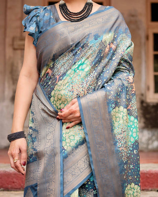 Graceful Navy Blue Banarasi Silk Saree with Nature-Inspired Digital Prints and Elegant Zari Woven Border BANARASI PRINTED