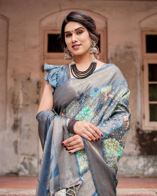 Graceful Navy Blue Banarasi Silk Saree with Nature-Inspired Digital Prints and Elegant Zari Woven Border BANARASI PRINTED