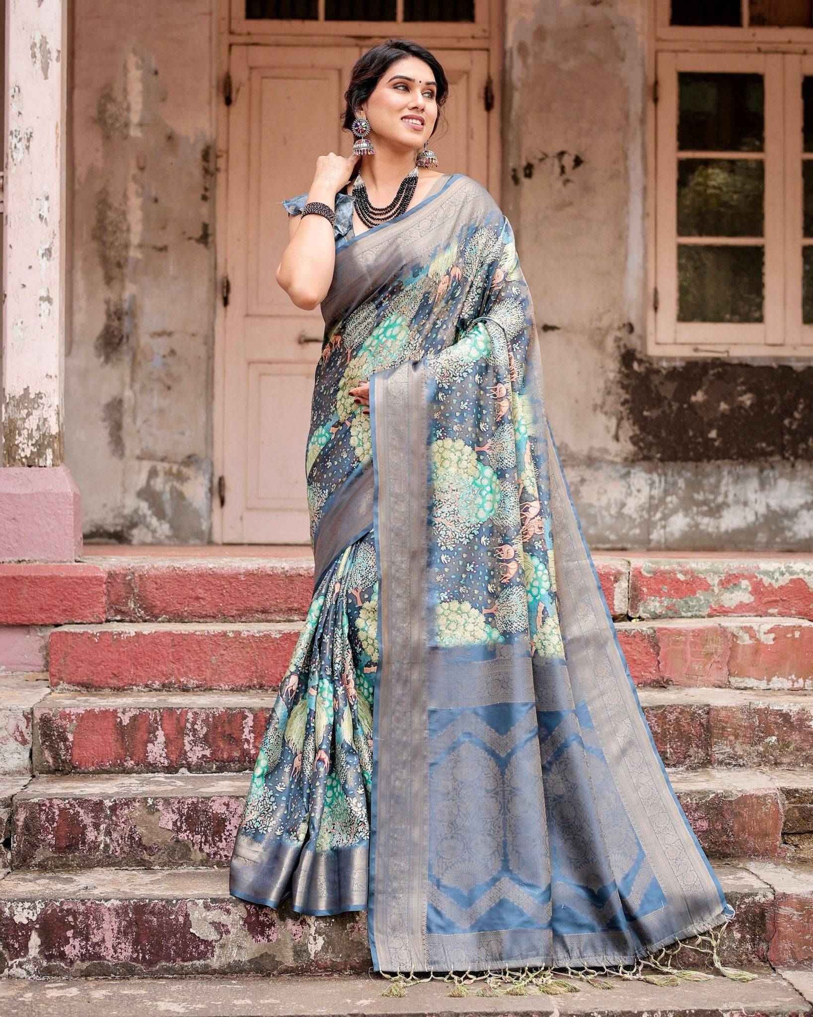 Graceful Navy Blue Banarasi Silk Saree with Nature-Inspired Digital Prints and Elegant Zari Woven Border Secondary image
