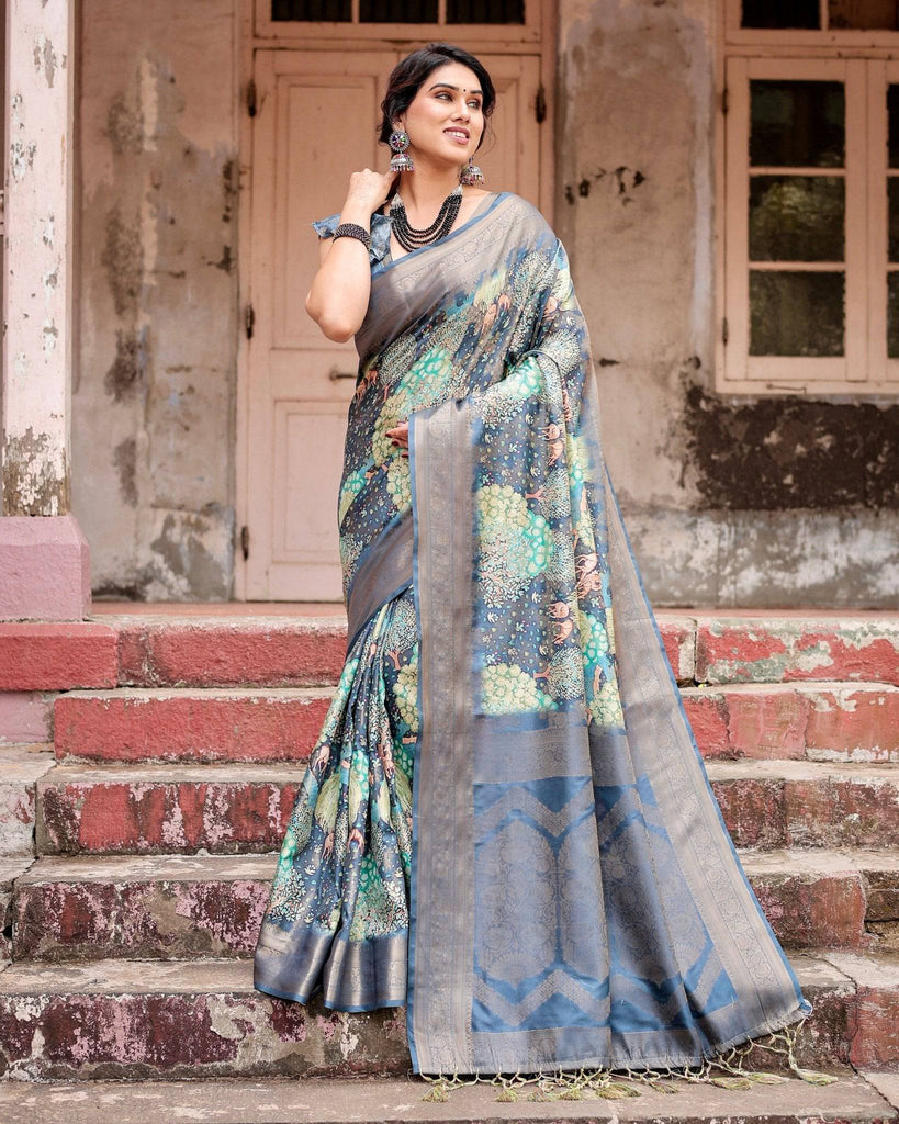 Graceful Navy Blue Banarasi Silk Saree with Nature-Inspired Digital Prints and Elegant Zari Woven Border BANARASI PRINTED