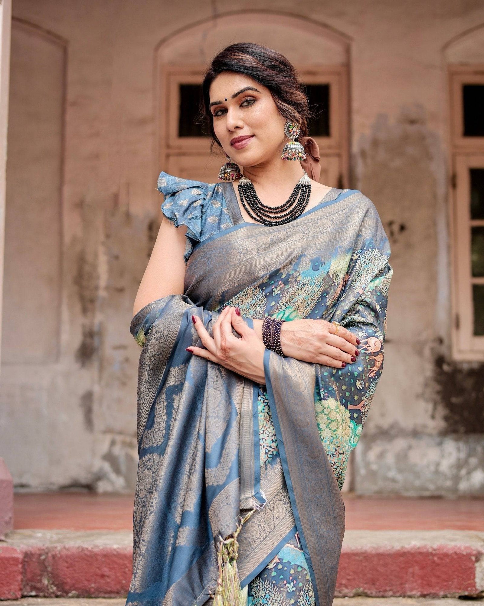 Graceful Navy Blue Banarasi Silk Saree with Nature-Inspired Digital Prints and Elegant Zari Woven Border BANARASI PRINTED
