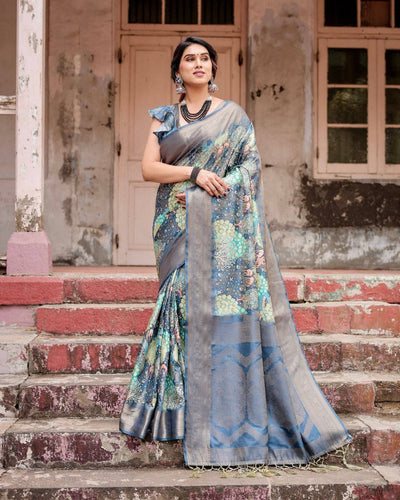 Graceful Navy Blue Banarasi Silk Saree with Nature-Inspired Digital Prints and Elegant Zari Woven Border BANARASI PRINTED
