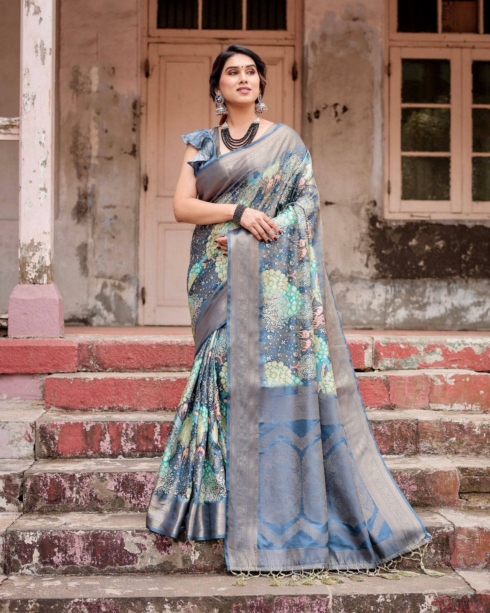 Graceful Navy Blue Banarasi Silk Saree with Nature-Inspired Digital Prints and Elegant Zari Woven Border BANARASI PRINTED Main image