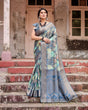 Load image into Gallery viewer, Graceful Navy Blue Banarasi Silk Saree with Nature-Inspired Digital Prints and Elegant Zari Woven Border BANARASI PRINTED