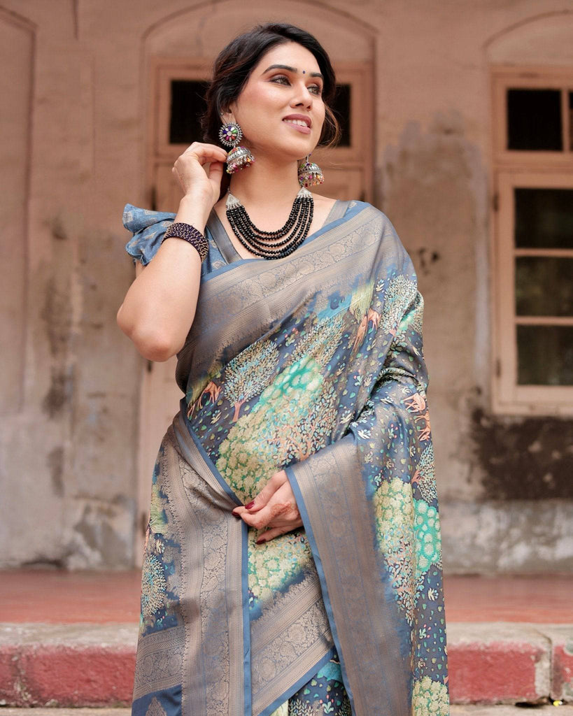 Graceful Navy Blue Banarasi Silk Saree with Nature-Inspired Digital Prints and Elegant Zari Woven Border BANARASI PRINTED