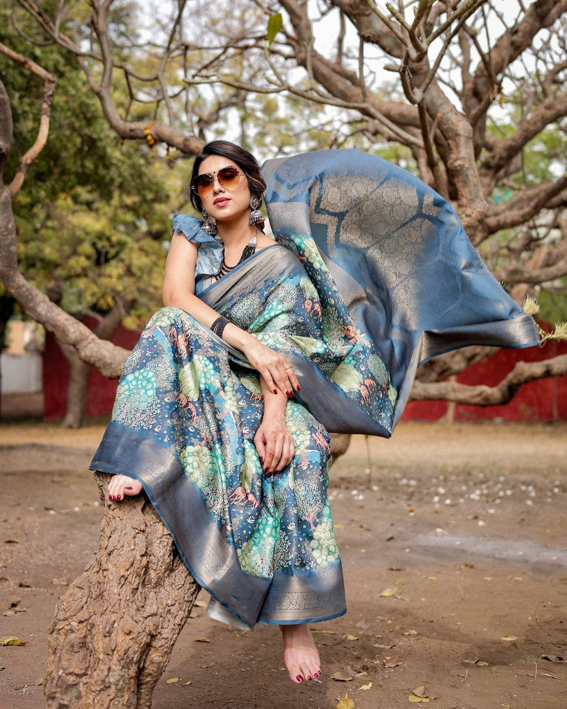 Graceful Navy Blue Banarasi Silk Saree with Nature-Inspired Digital Prints and Elegant Zari Woven Border BANARASI PRINTED