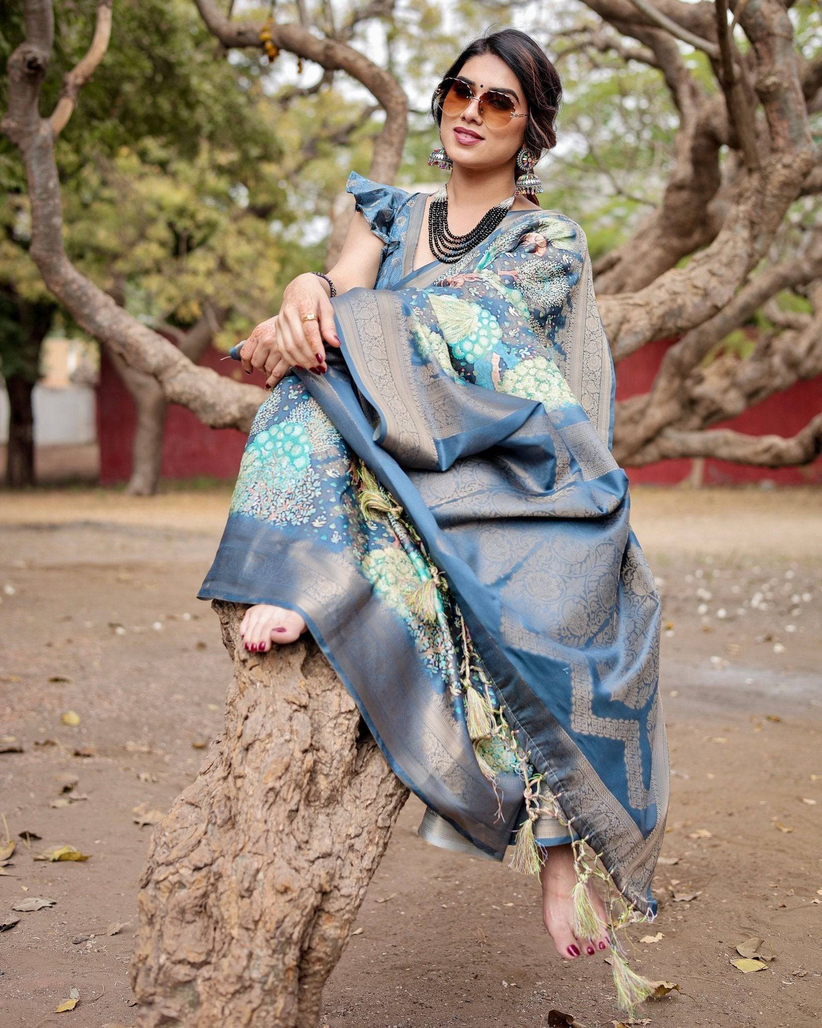 Graceful Navy Blue Banarasi Silk Saree with Nature-Inspired Digital Prints and Elegant Zari Woven Border BANARASI PRINTED