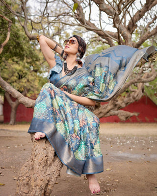 Graceful Navy Blue Banarasi Silk Saree with Nature-Inspired Digital Prints and Elegant Zari Woven Border BANARASI PRINTED