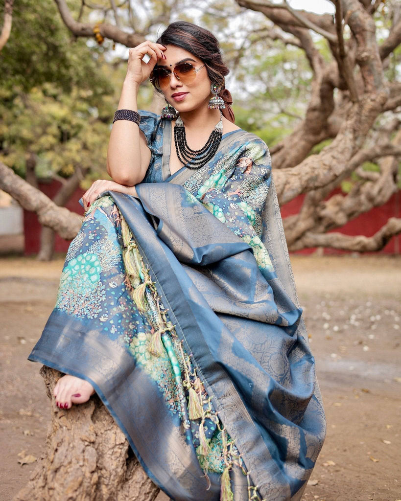 Graceful Navy Blue Banarasi Silk Saree with Nature-Inspired Digital Prints and Elegant Zari Woven Border BANARASI PRINTED