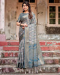 Load image into Gallery viewer, Elegant Blue and Grey Banarasi Silk Saree with Intricate Floral Patterns, Zari Woven Borders, and Tassel Accents BANARASI PRINTED