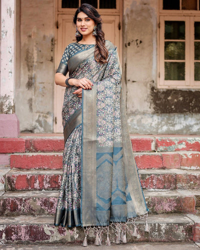 Elegant Blue and Grey Banarasi Silk Saree with Intricate Floral Patterns, Zari Woven Borders, and Tassel Accents BANARASI PRINTED