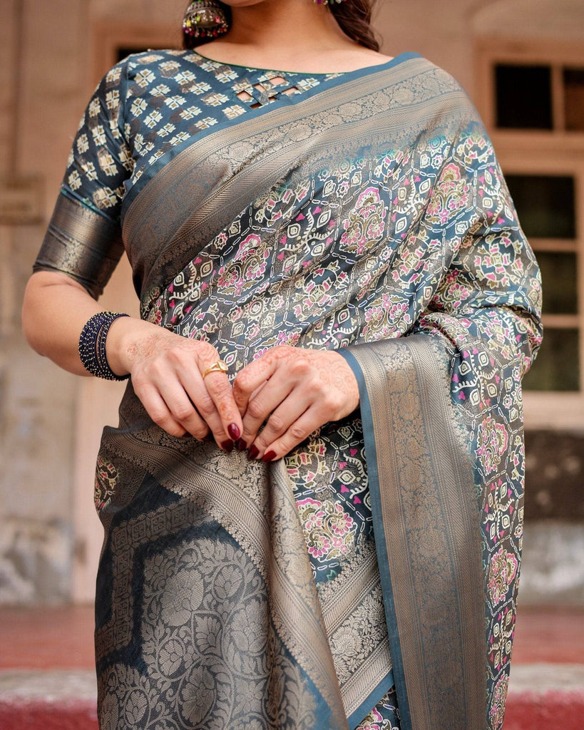 Elegant Blue and Grey Banarasi Silk Saree with Intricate Floral Patterns, Zari Woven Borders, and Tassel Accents BANARASI PRINTED