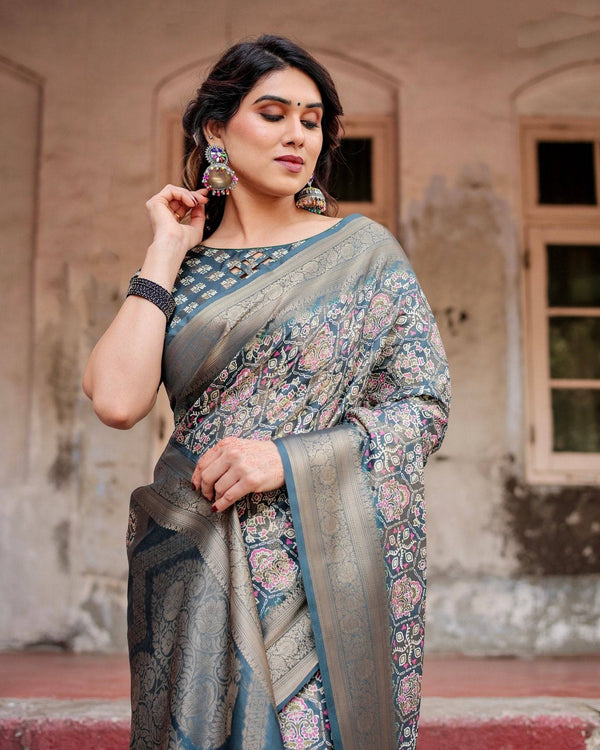 Elegant Blue and Grey Banarasi Silk Saree with Intricate Floral Patterns, Zari Woven Borders, and Tassel Accents BANARASI PRINTED