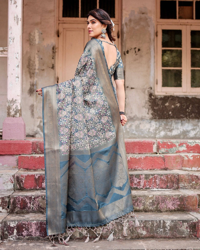 Elegant Blue and Grey Banarasi Silk Saree with Intricate Floral Patterns, Zari Woven Borders, and Tassel Accents BANARASI PRINTED