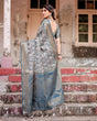 Load image into Gallery viewer, Elegant Blue and Grey Banarasi Silk Saree with Intricate Floral Patterns, Zari Woven Borders, and Tassel Accents BANARASI PRINTED