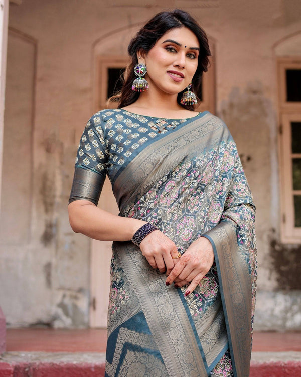 Elegant Blue and Grey Banarasi Silk Saree with Intricate Floral Patterns, Zari Woven Borders, and Tassel Accents BANARASI PRINTED