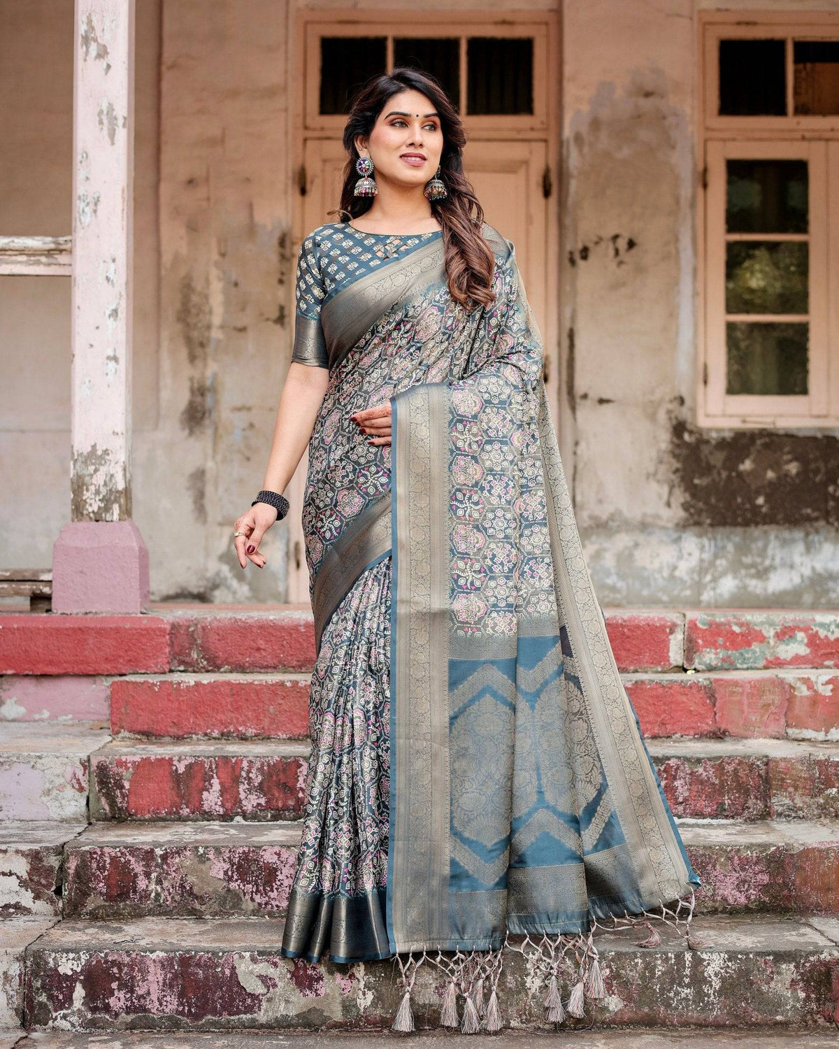 Elegant Blue and Grey Banarasi Silk Saree with Intricate Floral Patterns, Zari Woven Borders, and Tassel Accents BANARASI PRINTED Main image
