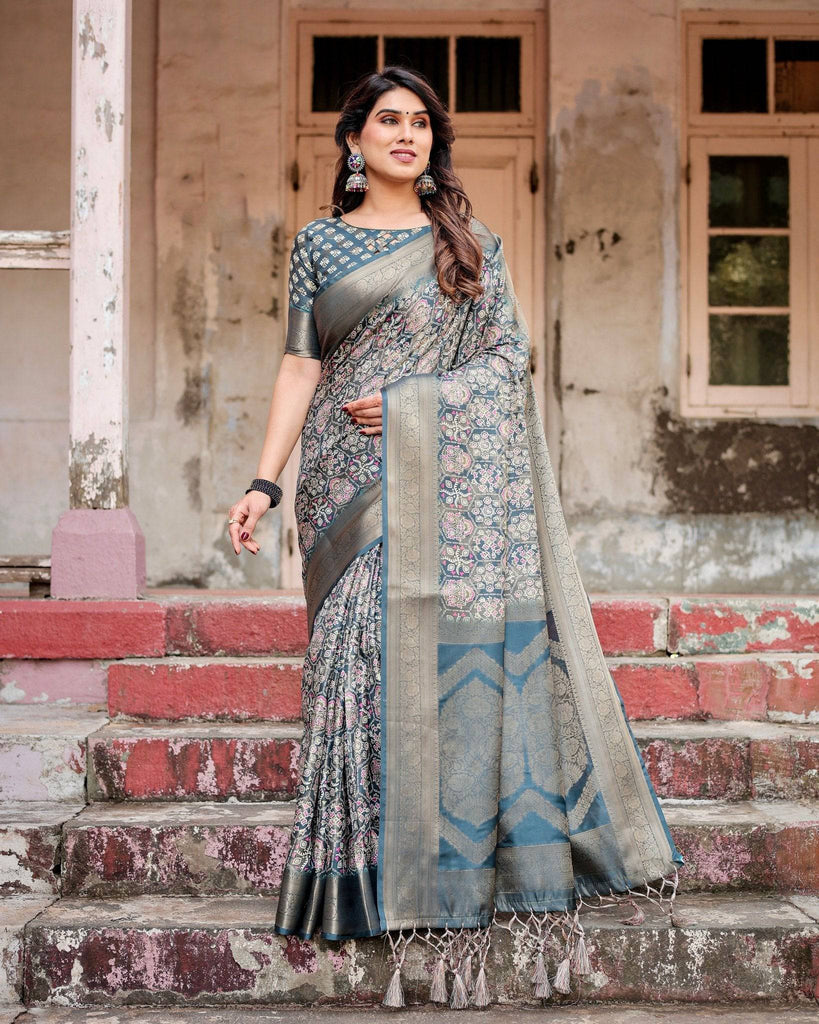 Elegant Blue and Grey Banarasi Silk Saree with Intricate Floral Patterns, Zari Woven Borders, and Tassel Accents BANARASI PRINTED