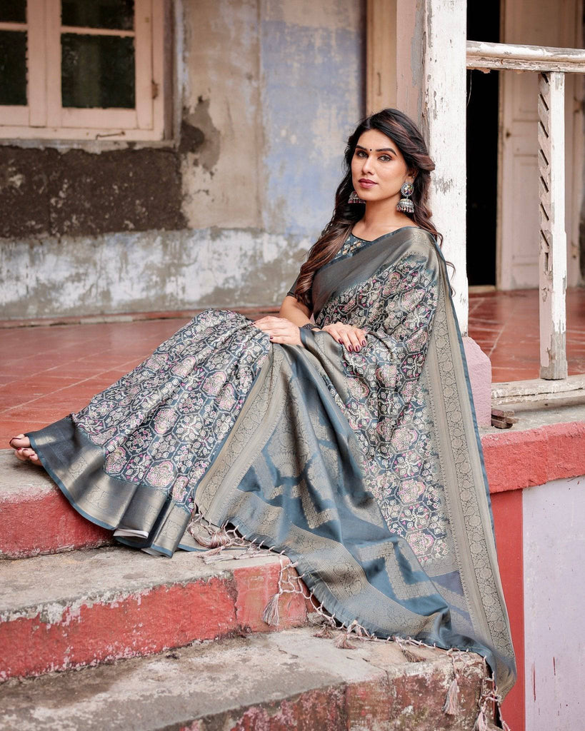 Elegant Blue and Grey Banarasi Silk Saree with Intricate Floral Patterns, Zari Woven Borders, and Tassel Accents BANARASI PRINTED