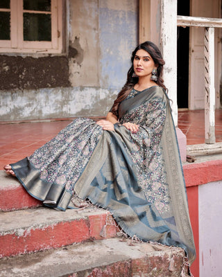 Elegant Blue and Grey Banarasi Silk Saree with Intricate Floral Patterns, Zari Woven Borders, and Tassel Accents BANARASI PRINTED