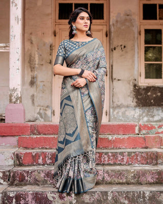 Elegant Blue and Grey Banarasi Silk Saree with Intricate Floral Patterns, Zari Woven Borders, and Tassel Accents BANARASI PRINTED
