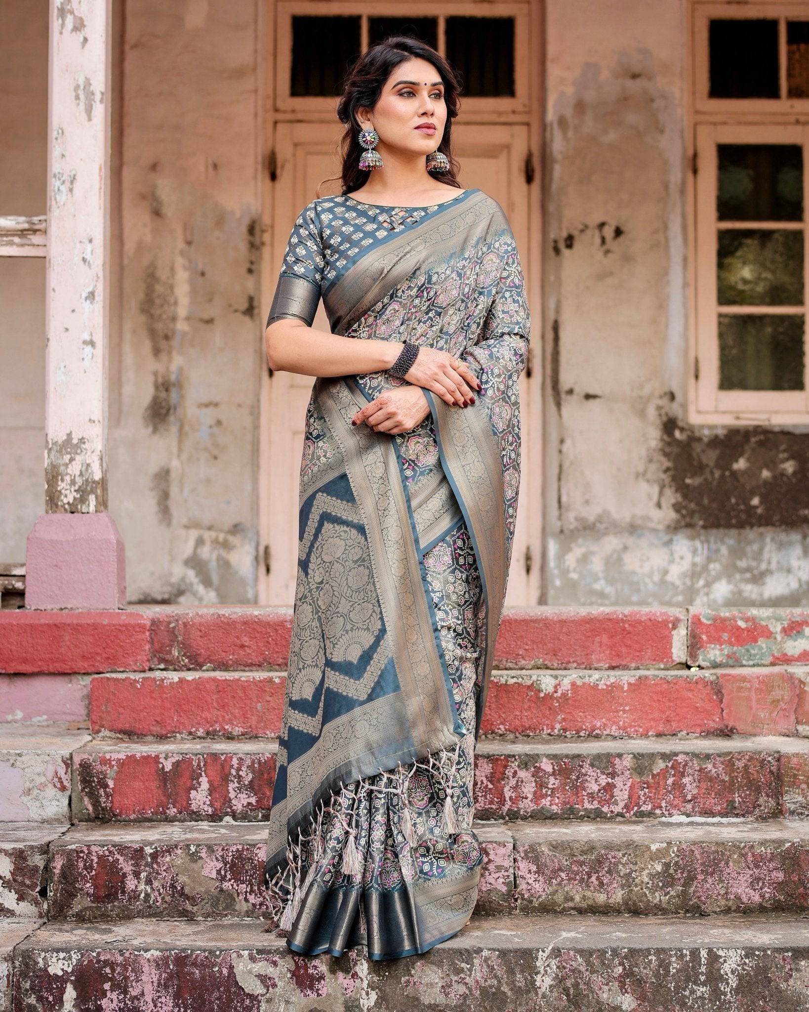 Elegant Blue and Grey Banarasi Silk Saree with Intricate Floral Patterns, Zari Woven Borders, and Tassel Accents BANARASI PRINTED