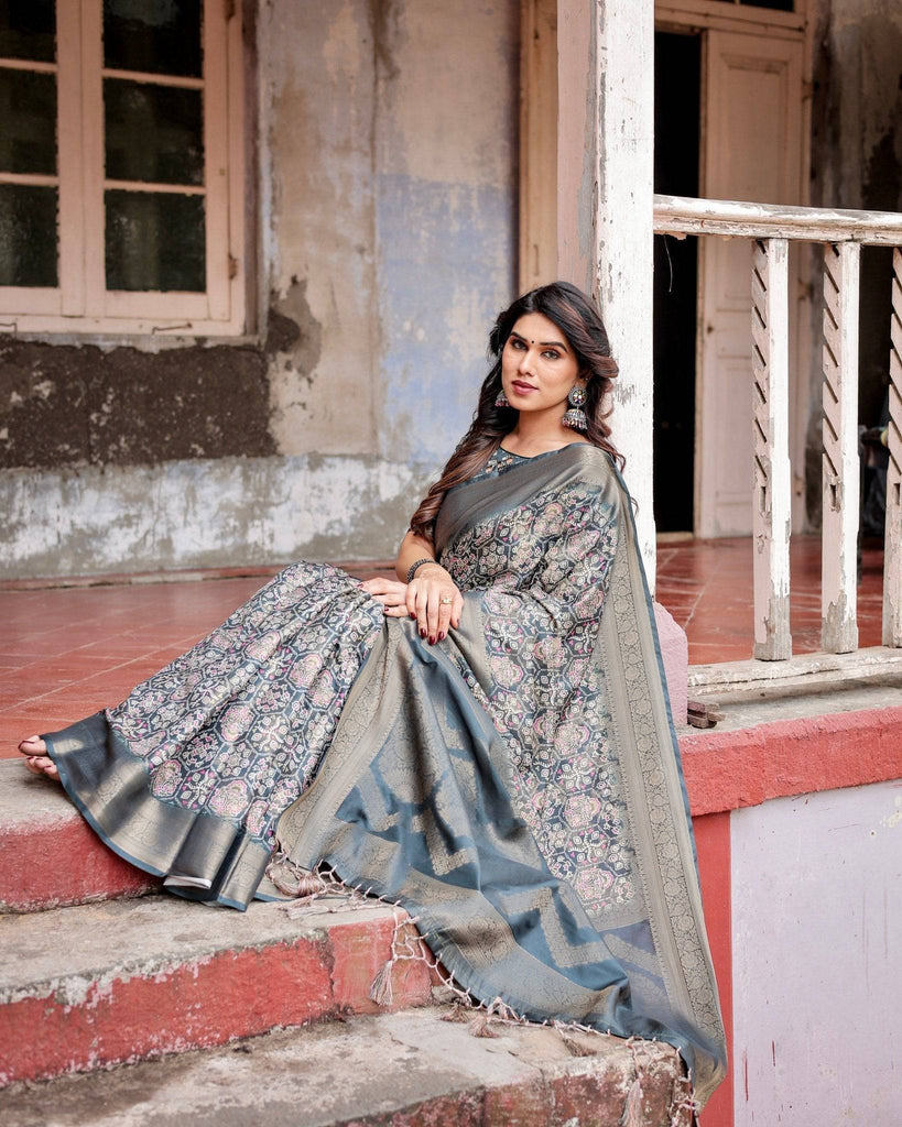 Elegant Blue and Grey Banarasi Silk Saree with Intricate Floral Patterns, Zari Woven Borders, and Tassel Accents BANARASI PRINTED