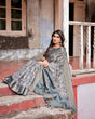 Load image into Gallery viewer, Elegant Blue and Grey Banarasi Silk Saree with Intricate Floral Patterns, Zari Woven Borders, and Tassel Accents BANARASI PRINTED