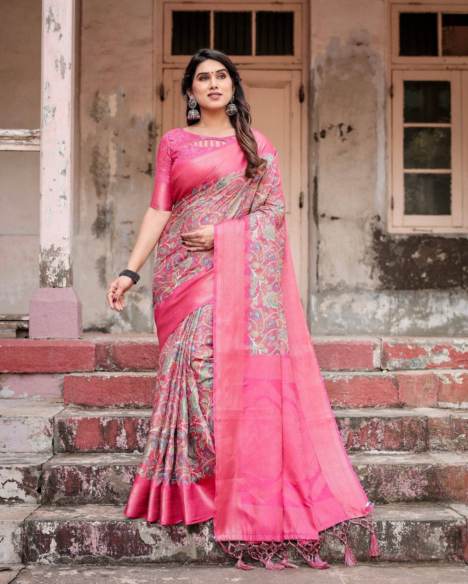 Elegant Pink Banarasi Silk Saree with Paisley Design, Zari Weaving, and Tassels BANARASI PRINTED Main image