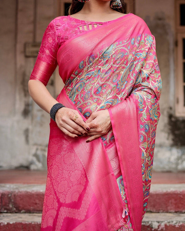 Elegant Pink Banarasi Silk Saree with Paisley Design, Zari Weaving, and Tassels BANARASI PRINTED
