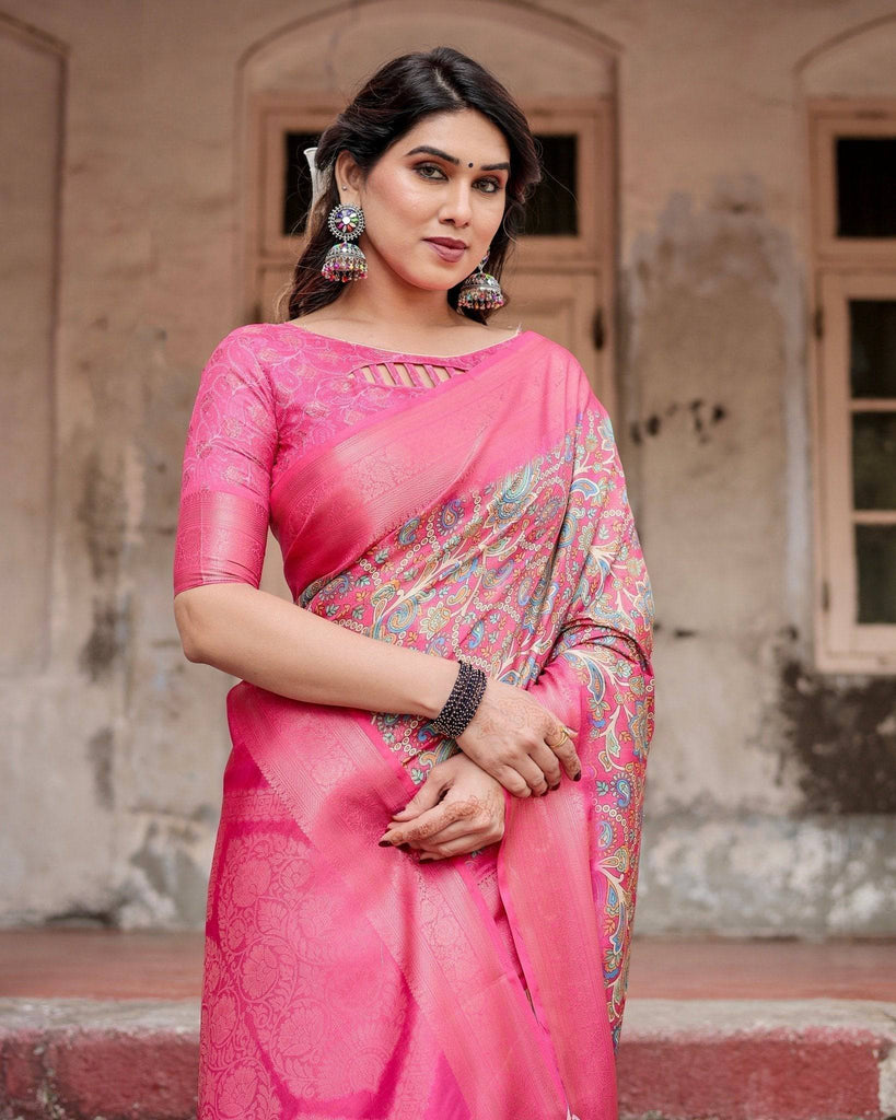 Elegant Pink Banarasi Silk Saree with Paisley Design, Zari Weaving, and Tassels BANARASI PRINTED