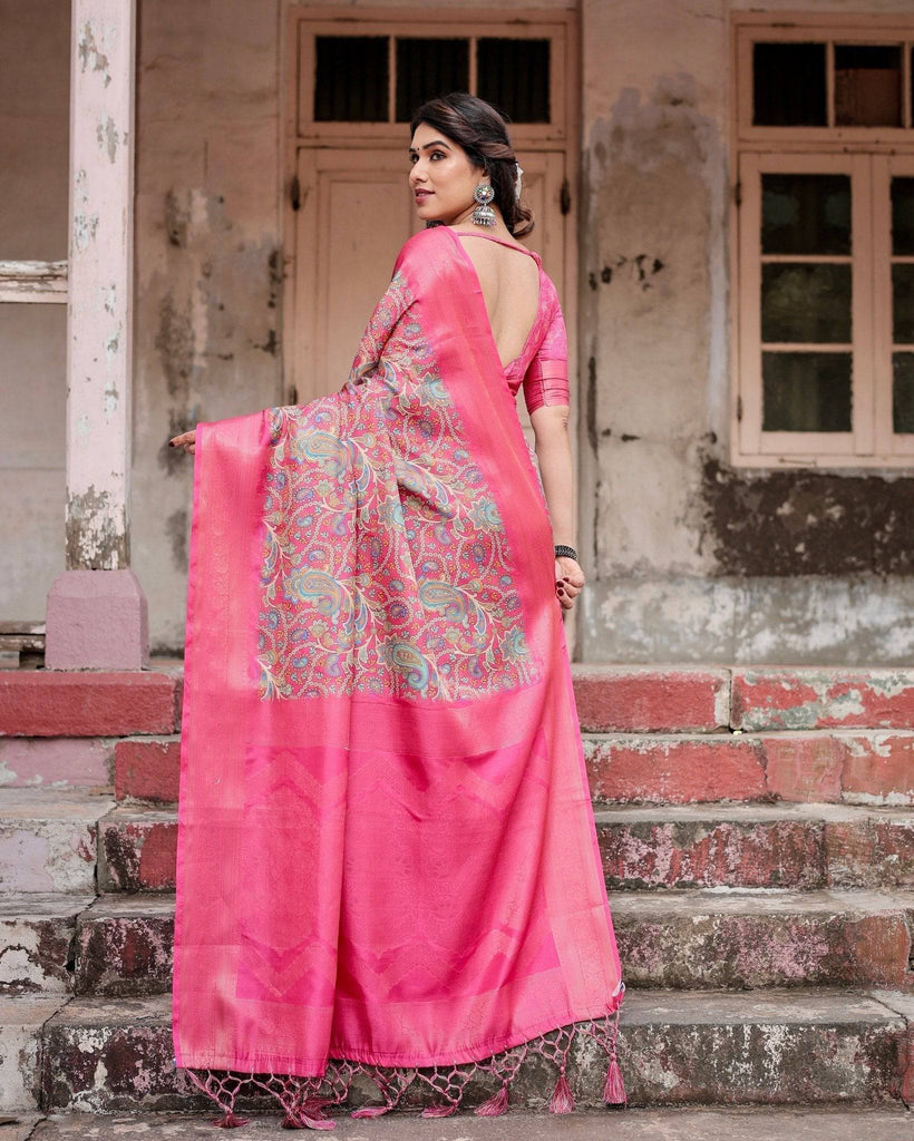 Elegant Pink Banarasi Silk Saree with Paisley Design, Zari Weaving, and Tassels BANARASI PRINTED