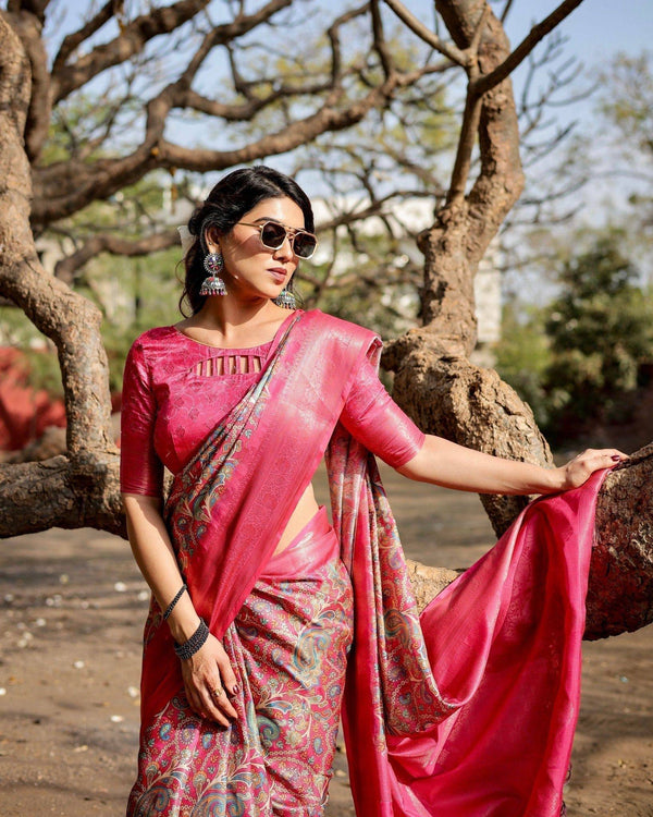 Elegant Pink Banarasi Silk Saree with Paisley Design, Zari Weaving, and Tassels BANARASI PRINTED