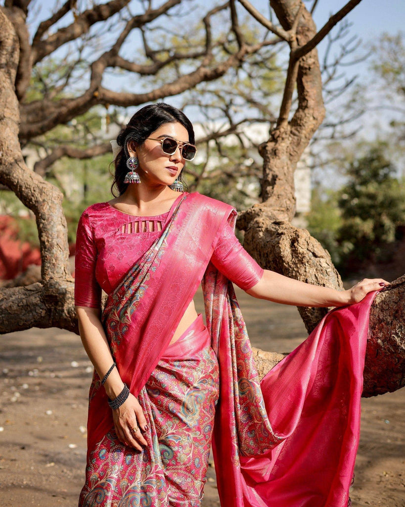 Elegant Pink Banarasi Silk Saree with Paisley Design, Zari Weaving, and Tassels BANARASI PRINTED