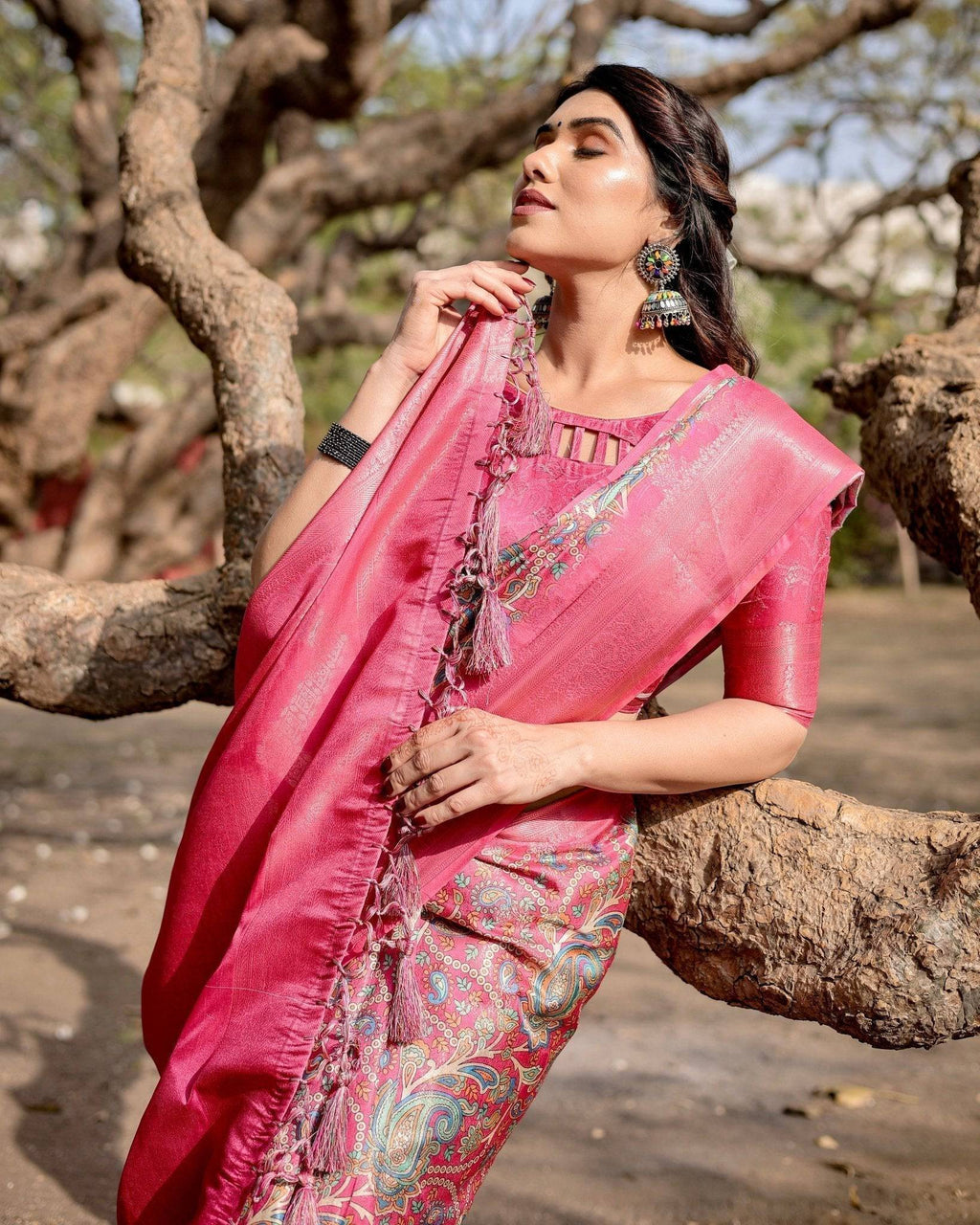 Elegant Pink Banarasi Silk Saree with Paisley Design, Zari Weaving, and Tassels BANARASI PRINTED