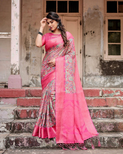 Elegant Pink Banarasi Silk Saree with Paisley Design, Zari Weaving, and Tassels BANARASI PRINTED