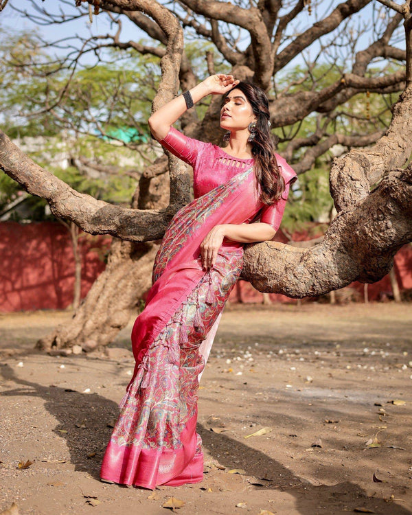Elegant Pink Banarasi Silk Saree with Paisley Design, Zari Weaving, and Tassels BANARASI PRINTED