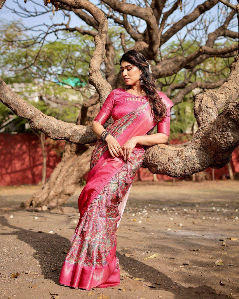 Elegant Pink Banarasi Silk Saree with Paisley Design, Zari Weaving, and Tassels BANARASI PRINTED