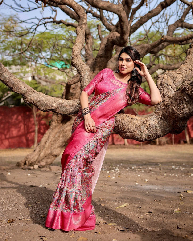 Elegant Pink Banarasi Silk Saree with Paisley Design, Zari Weaving, and Tassels BANARASI PRINTED