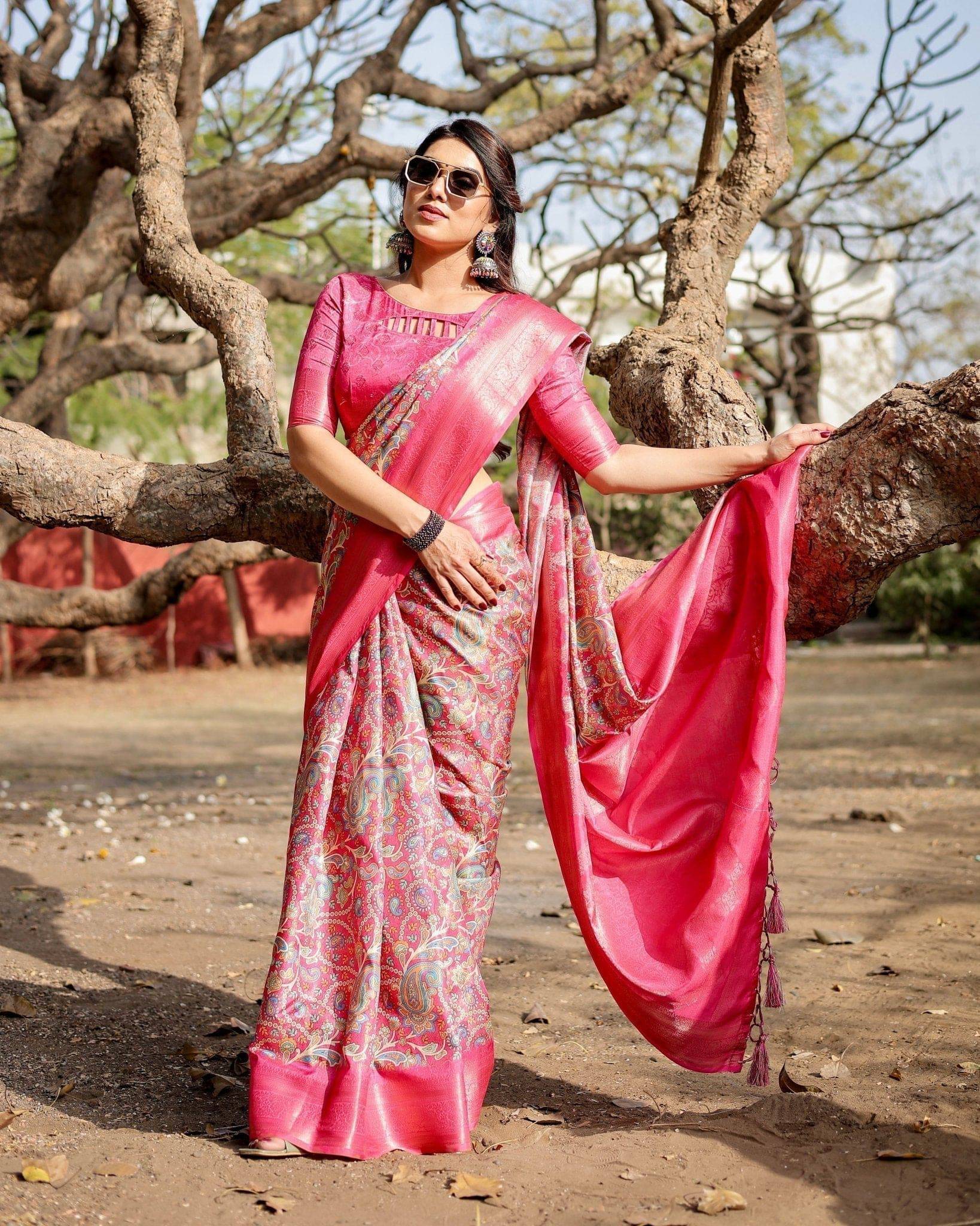 Elegant Pink Banarasi Silk Saree with Paisley Design, Zari Weaving, and Tassels BANARASI PRINTED