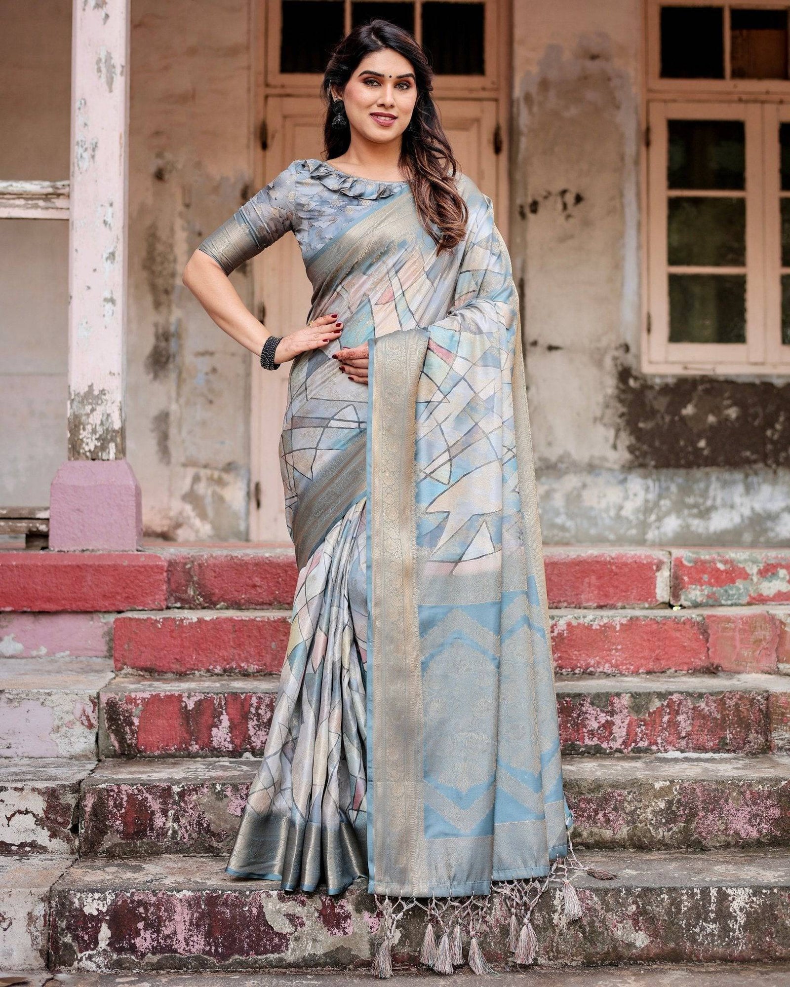 Elegant Pastel Blue Banarasi Silk Saree with Intricate Geometric Design and Zari Work Tassel Pallu BANARASI PRINTED